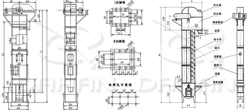 TD/D型斗式提升机基本结构:机头盖，机头座，减速电机，直管，底座，紧张装置等。