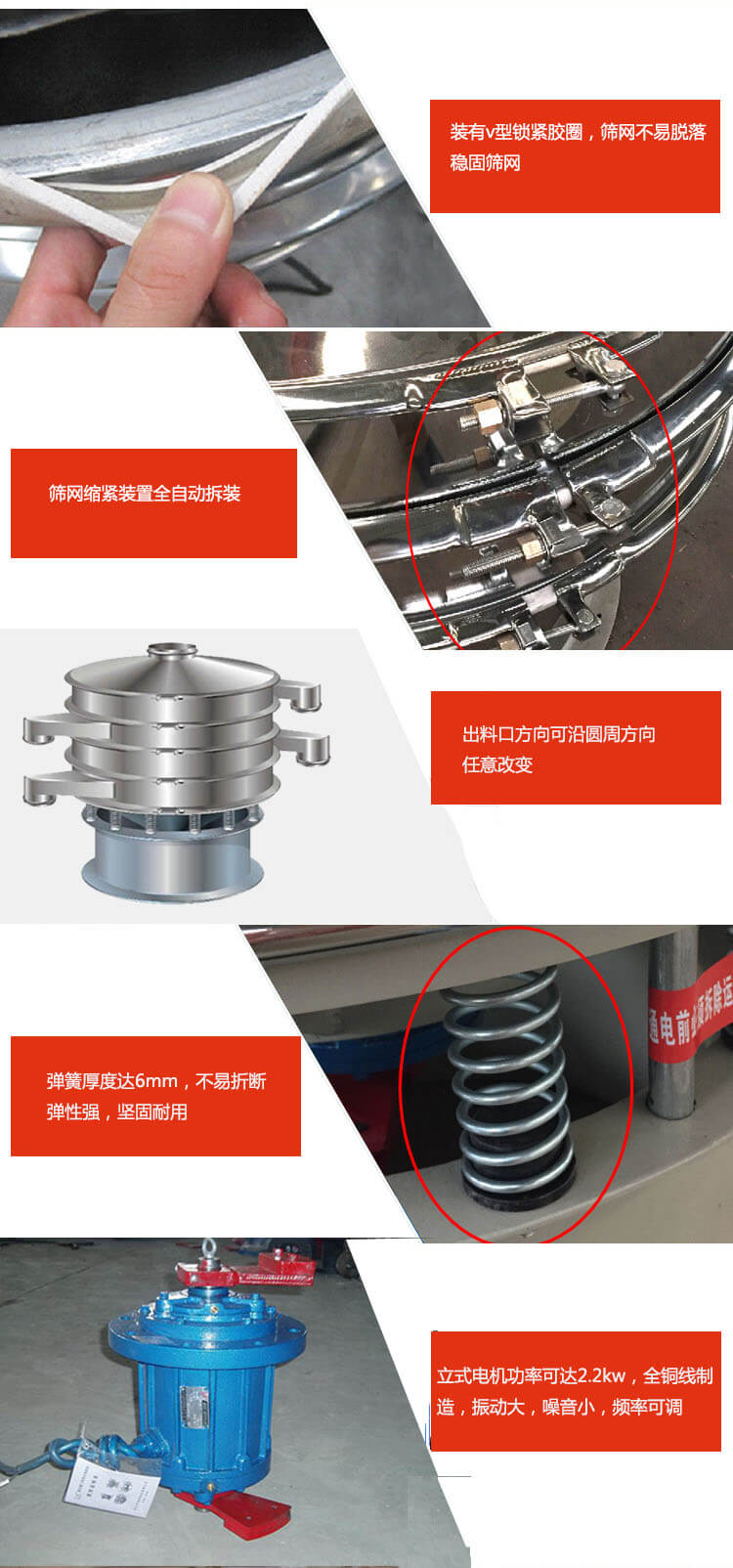 装有V型锁紧胶圈，使筛网不易脱落稳固筛网，筛网锁紧装置，全自动拆装，出料口方向可沿圆周方向任意改变。弹簧厚度达6mm，不易折断，弹性强，坚固耐用。专业的振动电机，全铜线制造，振动大，机械噪音小，频率可调。产品对比:材质：妖精视频官方妖精动漫官网厂家采用304不锈钢材质耐腐蚀性，耐热性强。个别厂家采用其它金属材质，耐腐蚀性，耐热性差蒸发缓慢，烘干效率较低。妖精视频官方妖精动漫官网厂家采用金属编织网，筛分精度高，效率高，筛网利用率高。