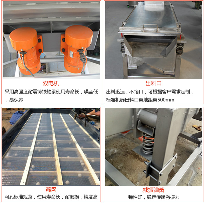 线妖精动漫官网配件优势：双电机采用高强度耐震铸铁轴承使用寿命长，噪音低，易保养，出料口：出料迅速，不堵口，可根据客户需求定制标准机器出料口离地距离500mm。筛网：网孔标准规范，使用寿命长，耐磨损，精度高。减震弹簧弹性好，稳定传递激振力。