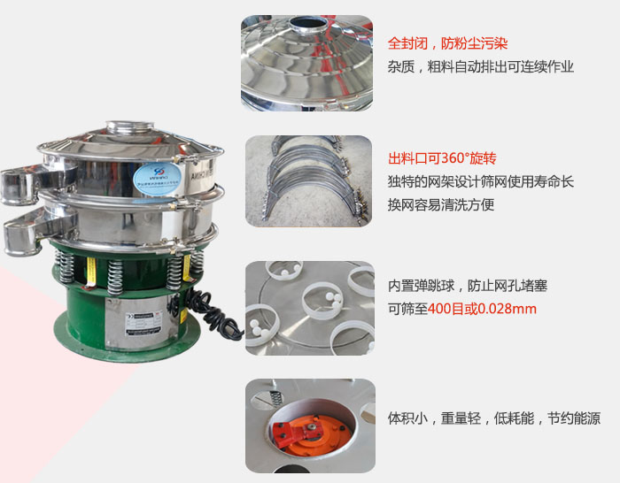 全封闭，防粉尘污染：杂质，粗料自动排出可连续作业。出料口可36°旋转独特的网架设计筛网使用寿命长换网容易清洗方便。
