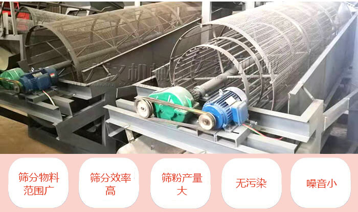 滚筒筛分机主要特点：筛分物料范围广，筛分效率高，筛分产量大，无污染，噪音小。