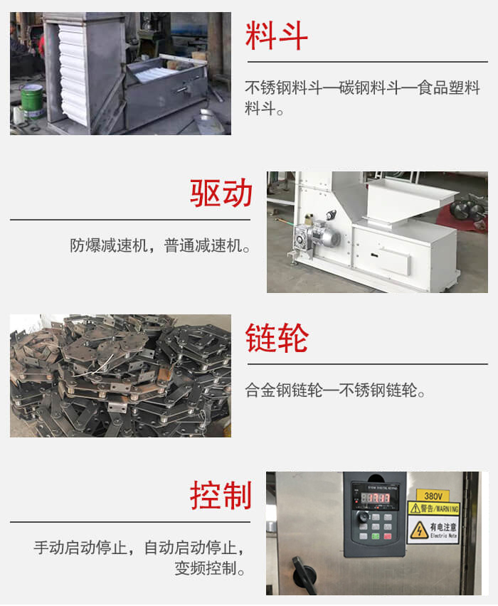 z型斗式提升机料斗：不锈钢料斗-碳钢料斗-食品塑料料斗。驱动装置采用的式防爆减速机，普通减速机两种。链轮采用合金链轮-不锈钢链轮控制器：手动启动/停止，以及自动启动停止。