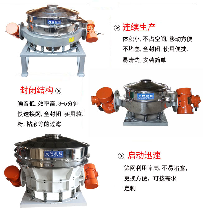 直径1000mm直排筛特点：连续生产：体积小，不占空间，移动方便，不堵塞，全封闭，使用便捷，易清洗，安装简单。封闭结构：噪音低，效率高，3-5分钟，快速换网，全封闭，实用粒，粉粘液等的过滤。启动迅速：筛网利用率高，不易堵塞，更换方便，可按需求定制。