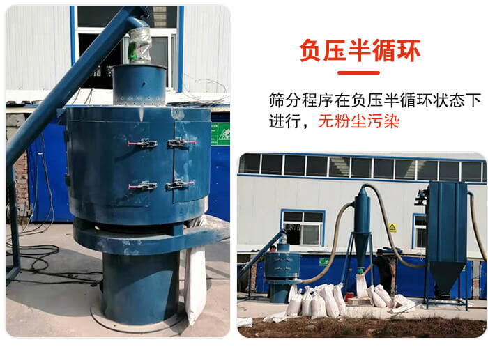 气流筛负压半循环，筛分程序在负压版循环状态下进行，无粉尘污染。