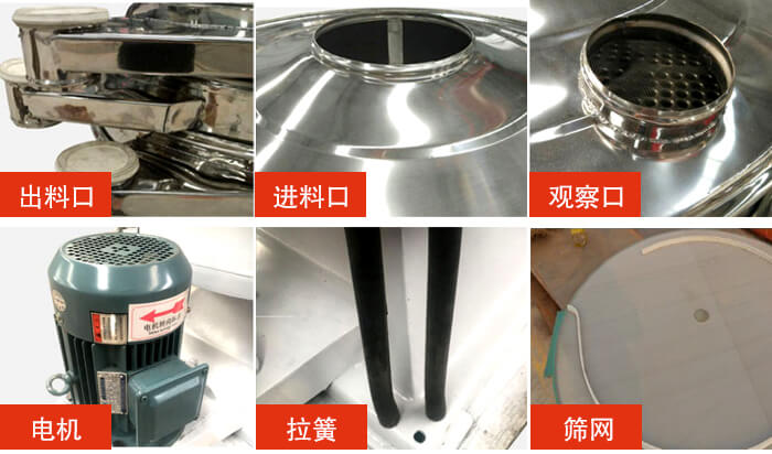 摇摆筛细节展示：出料口，进料口，观察口，电机，拉簧，筛网等。
